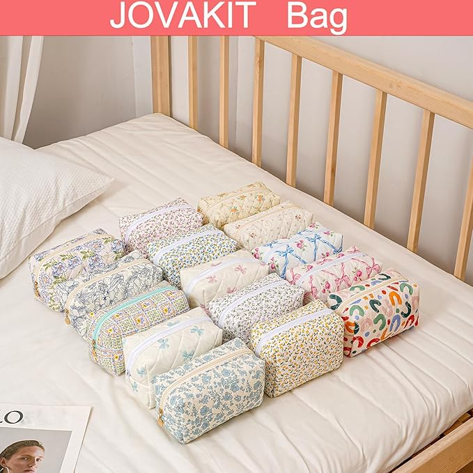 JOVAKIT Square Makeup Bag Cute Cosmetic Bag for Women, Floral Coquette Aesthetic Toiletry Bag, Zipper Make Up Pouch, Travel Make Up Organizer Bag (Blue Bowknot)