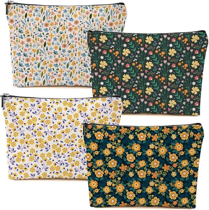 4 Packs Cute Flowers Makeup Bag Floral Wildflower Cosmetic Bag Friend Friendship Gifts for Women Girls Sister Coworker Botanical Travel Organizer Zipper Pouch Christmas Thanksgiving Birthday Gifts