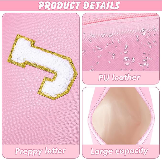 Gifts for Teacher Initial Makeup Bag Personalized Cosmetic Bag Cute Travel Toiletry Bag Small Chenille Letter PU Makeup Pouch Organizer Preppy Birthday Gift for Daughter Teen Girls (Pink J)