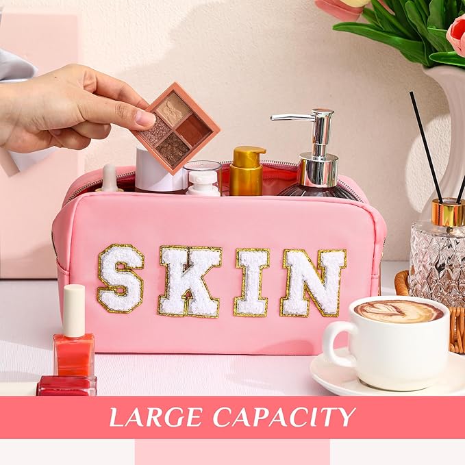 Remerry 4 PCS Nylon Cosmetic Bags Waterproof Spacious Travel Makeup Organizer for Women Chenille Letter Preppy Zipper Pouch Face Stuff Skin Hair Organizer Gift(Pink)