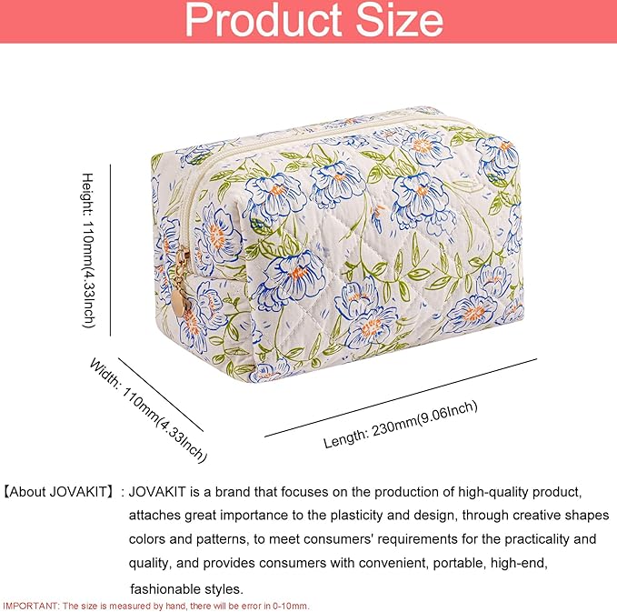 JOVAKIT Square Makeup Bag Cute Cosmetic Bag for Women, Floral Coquette Aesthetic Toiletry Bag, Zipper Make Up Pouch, Travel Make Up Organizer Bag (Big Blue Flower)