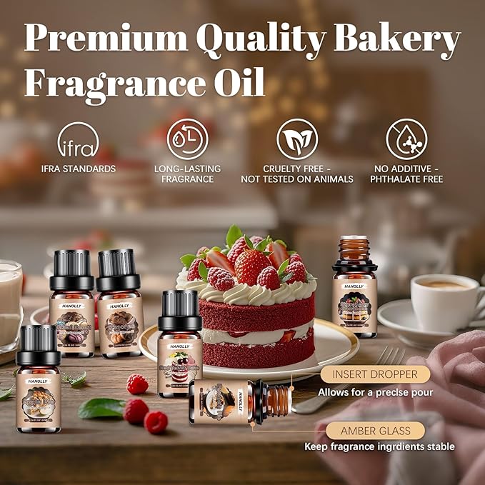 Bakery Essential Oils Set，Premium Fragrance Oil for Diffusers, Scented Oils for Soap & Candle Making, Pumpkin Pie, Apple Pie, S'Mores, Red Velvet Cake, Strawberry Shortcake,Glazed Donut