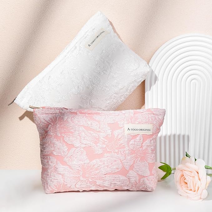 SOIDRAM 2 Pieces Flower Makeup Bag Large Floral Cosmetic Bag Capacity Canvas Travel Toiletry Bag Organizer Cute Makeup Brushes Aesthetic Accessories Storage Bag for Women, Flower L White Pink