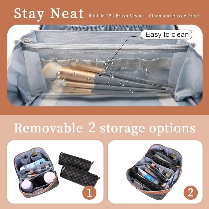 BOYATU Travel Makeup Bag Cosmetic Bags for Women: 3 Pcs Set Large Portable Make up Bag with Handle - Vegan Leather Toiletry Bags with Compartments - Makeup Organizer for Travel Essentials(A-4-Black)