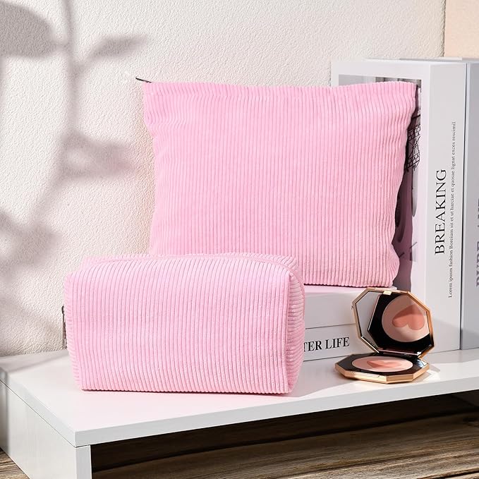 SOIDRAM 2 Pieces Makeup Bag Large Corduroy Cosmetic Bag Capacity Canvas Mix Travel Toiletry Bag Organizer Cute Makeup Brushes Aesthetic Accessories Storage Bag for Women,Corduroy Mix Hot Pink