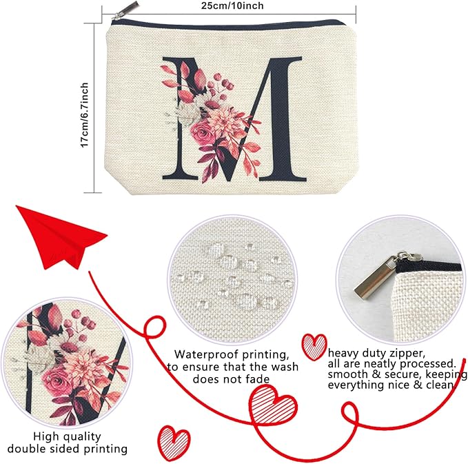 Initial A-Z Personalized Floral Makeup Bag, Monogrammed Birthday Gifts for Women Mom, Mothers Day Christmas Gift Ideas for Best Friend, Bride Bridesmaid, Her, Grandma, Small Travel Cosmetic Bag (M)