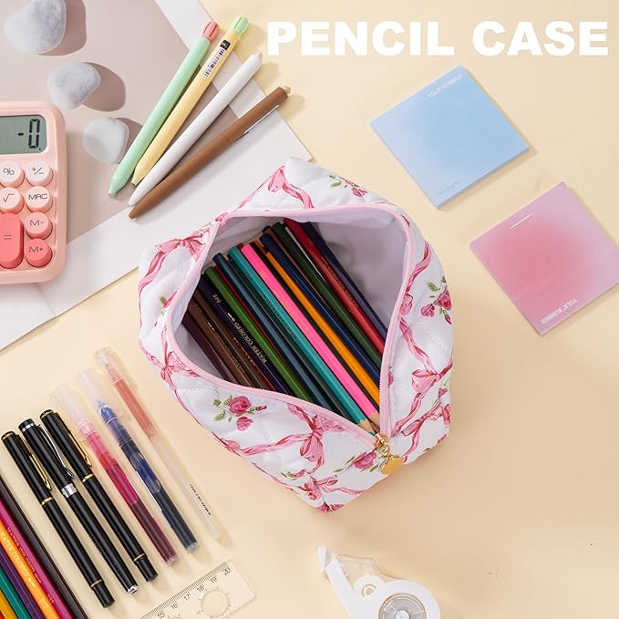 Makeup Bag Travel Toiletry Bag for Women, Small Cosmetic Bags Cute Quilted Cotton Makeup Pouch for Purse Emergency Bag for School Floral Pencil Case Accessory Bag, Bow and Floral