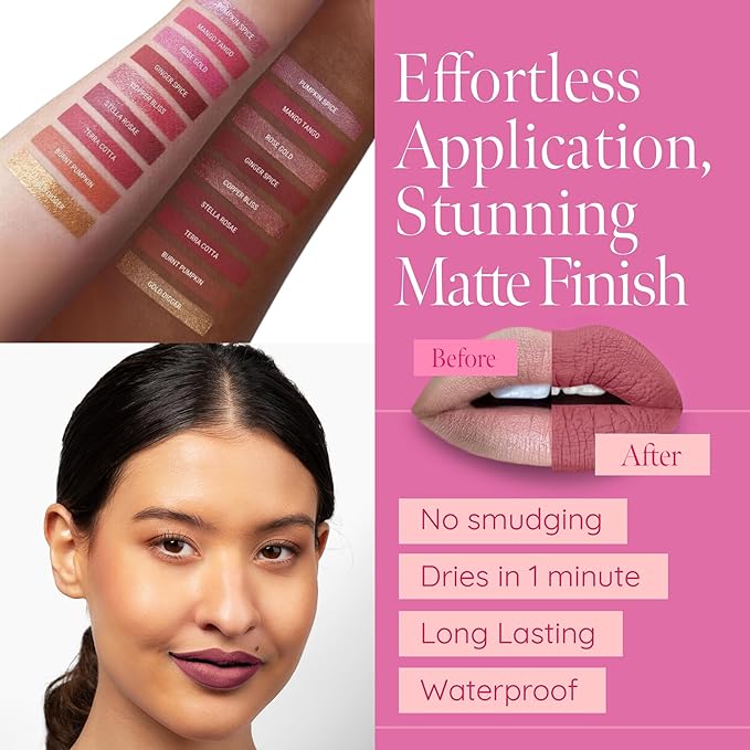 Aromi Chestnut Rose Matte Liquid Lipstick | Long-lasting, Warm Rosy Lip Color for Women, Vegan, Earthy Shade, Waterproof (Stella Rosae)
