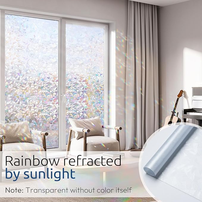 rabbitgoo Window Privacy Film Rainbow Film Decorative Window Sticker, 3D Static Stained Glass Cling Tint for Home Heat Control Non-Adhesive, 35.4 x 157.4 inches