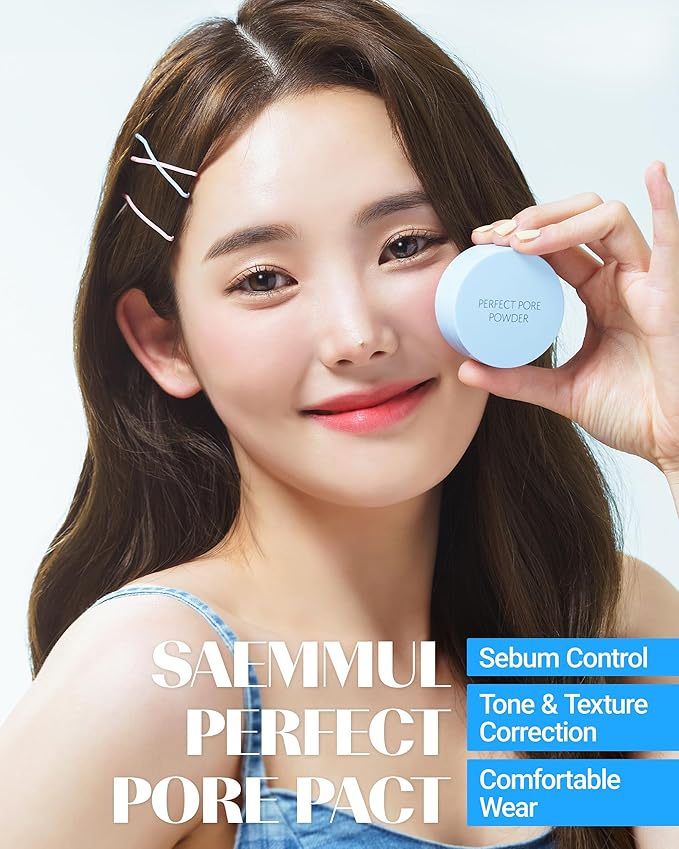 THESAEM Saemmul Perfect Pore Pact - Sebum Control Makeup Pressed Powder Pact, Pore Minimization, Plant-Based Setting Finishing Powder to Absorb Sweat and Prevent Clumps, with Mirror & Puff 12g