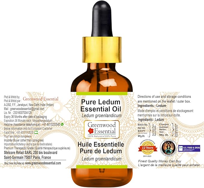 Greenwood Essential Ledum Essential Oil (Ledum groenlandicum) with Glass Dropper | Pure | Non-Sticky | Non-Greasy | Lightweight | Men & Women | All Skin Types | Steam Distilled 5ml (0.16 oz)