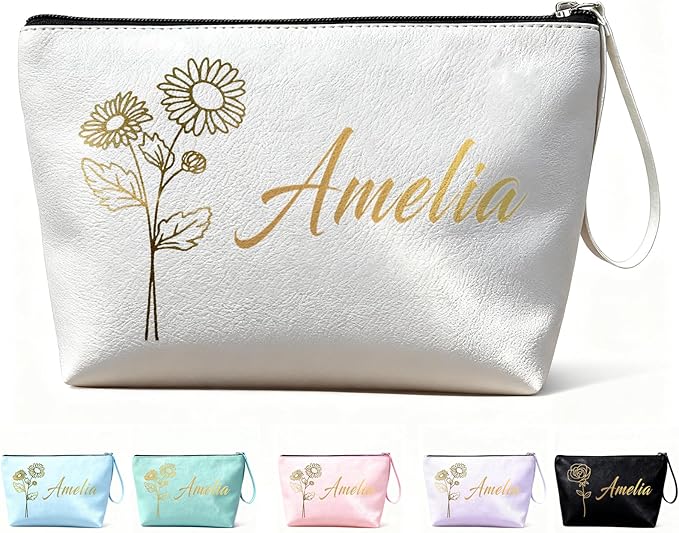 Personalized Makeup Bag Initial&Birth Flower Custom Small Travel Cosmetic Bag with Name Cute Makeup Bag for Women Girls