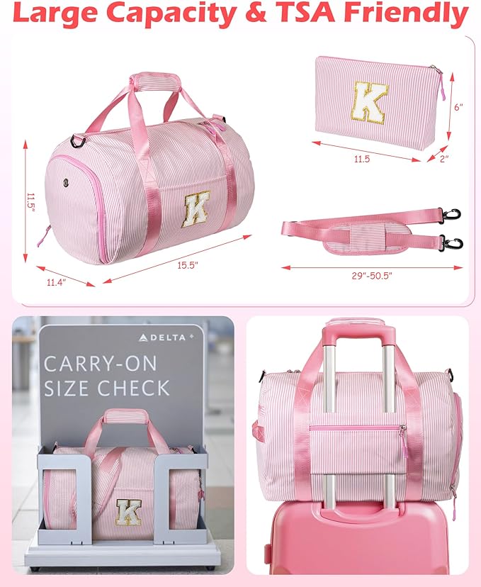 Gift for 6 7 8 9 10 Years Old Girl, Girls Travel Duffle Bag, Kids Initial Overnight Bags with Shoe Compartment, Personalized Weekender Bag with Makeup Pouch, Birthday Gifts (Letter A)