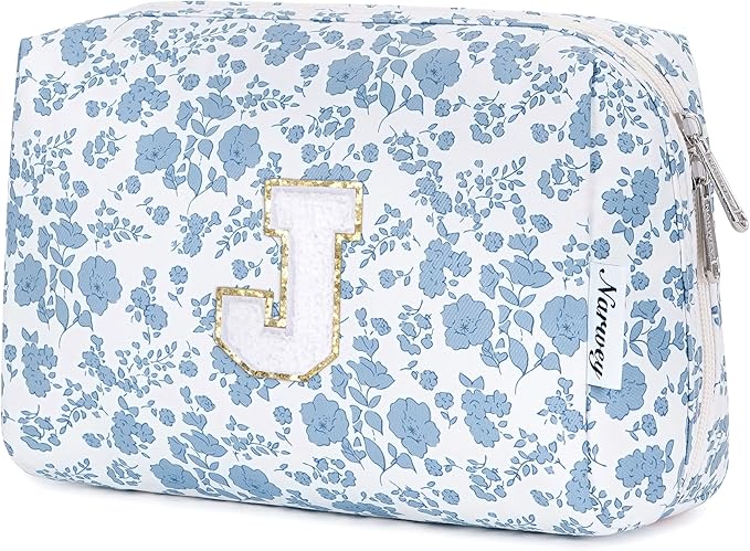 Narwey Birthday Gifts for Teen Girls Kids Women Personalized Initial Floral Makeup Bag Cute Cosmetic Trendy Stuff 6 8 10 11 12 13 14 16 18 Years Old Travel Toiletry Bag (Little Blue Flower J)