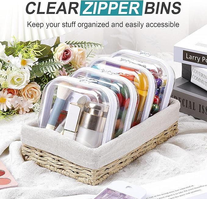 Hoolerry 4 Pcs Hard Clear Zipper Case Makeup Bags Plastic Pencil Pouch Transparent Storage Box Containers for Cosmetics, Snacks, Building Blocks, Puzzles(White,5 x 5 x 2 in)