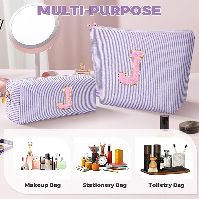 Monogrammed Gifts for Women - Cosmetic Bag for Teen,Initial Cute Makeup Bag Set for Women,Trendy Pouch for Niece Sister Friend Female Her,Birthday Gifts for Daughter - Lavender,J