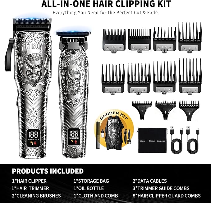 Professional Cordless Mens Hair Clippers & Beard Trimmer Kits & Sets,Metal Hair Clippers Cutting Grooming Kit with Long Battery Life for Family Barber Use (Gray)