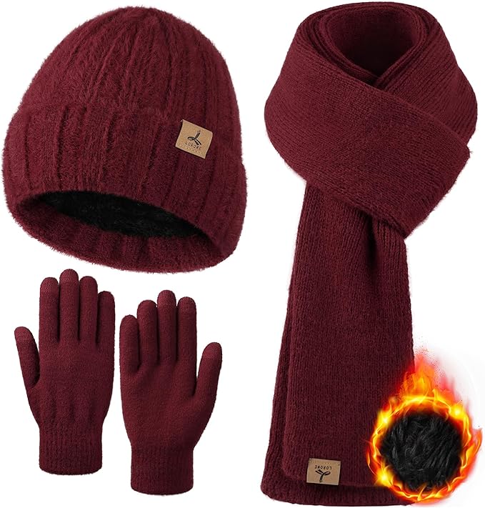 Winter Beanie Hat Scarf Gloves, Warm Fleece Knit Hat Long Scarf Neck Warmer Touch Screen Winter Gloves Set Gifts for Women