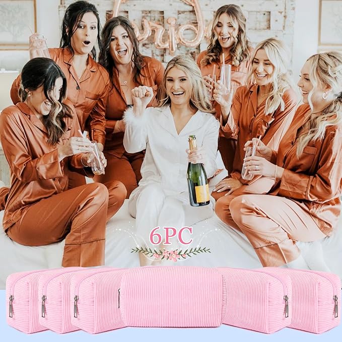 SOIDRAM 6PCS Bridesmaid Proposal Gifts Corduroy Pink makeup bag bulk for Wedding Party Favors Bachelorette party decorations Toiletry Organizer Bag Cosmetic Case Gift