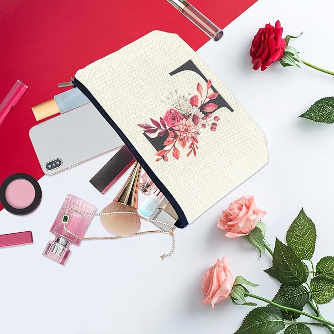 Initial A-Z Personalized Floral Makeup Bag, Monogrammed Birthday Gifts for Women Mom, Mothers Day Christmas Gift Ideas for Best Friend, Bride Bridesmaid, Her, Grandma, Small Travel Cosmetic Bag (L)