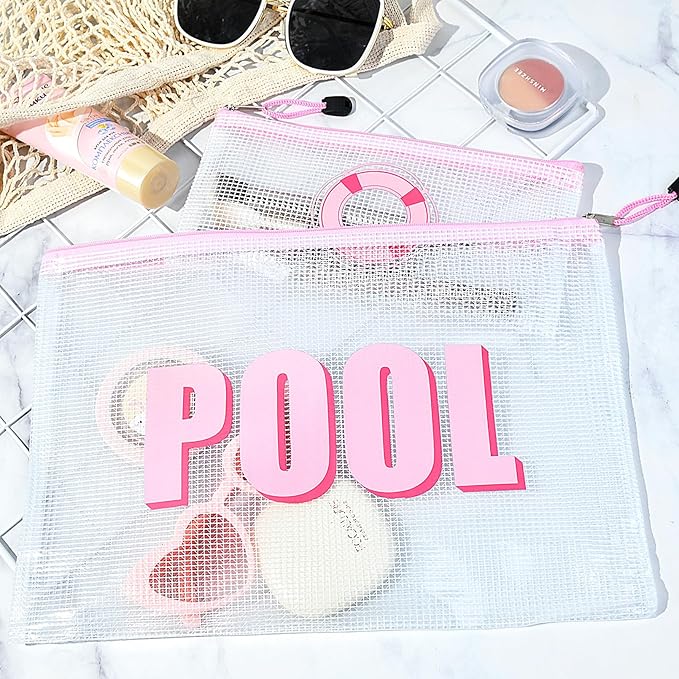 SOIDRAM 2PCS POOL Makeup Bag Clear Zippered POOL Bag Cosmetic Pouch Waterproof Travel Toiletry Organizer for Women Varsity Letter Patch Beach Pool Essentials
