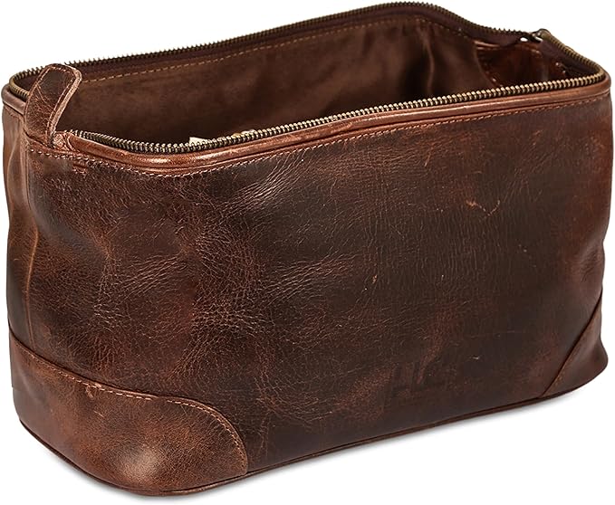HLC Leather Toiletry Bag for Men - Premium Genuine Leather Dopp Kit Shaving Kit Organizer Travel Kit Pouch Bag - Large Size - Rustic Brown