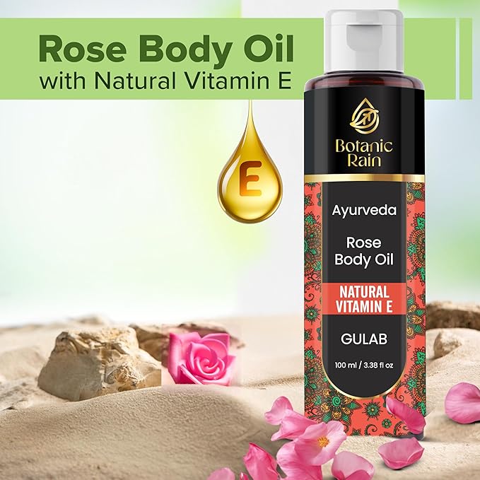 Ayurveda Rose Body Oil, Moisturizing & Hydrating Organic Vitamin E Oil, Body Oils for Women After Shower, Ayurveda Products for Crepey Skin Repair - 3.38 Fl Oz