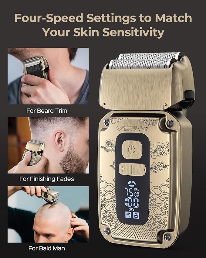 Foil Shaver for Men, Electric Razor for Men Face Beard, Waterproof Cordless Electric Razor for Travel, 4-Speed Setting, USB-C Rechargeable, LED Battery Display, Barber or Home Use (Black)