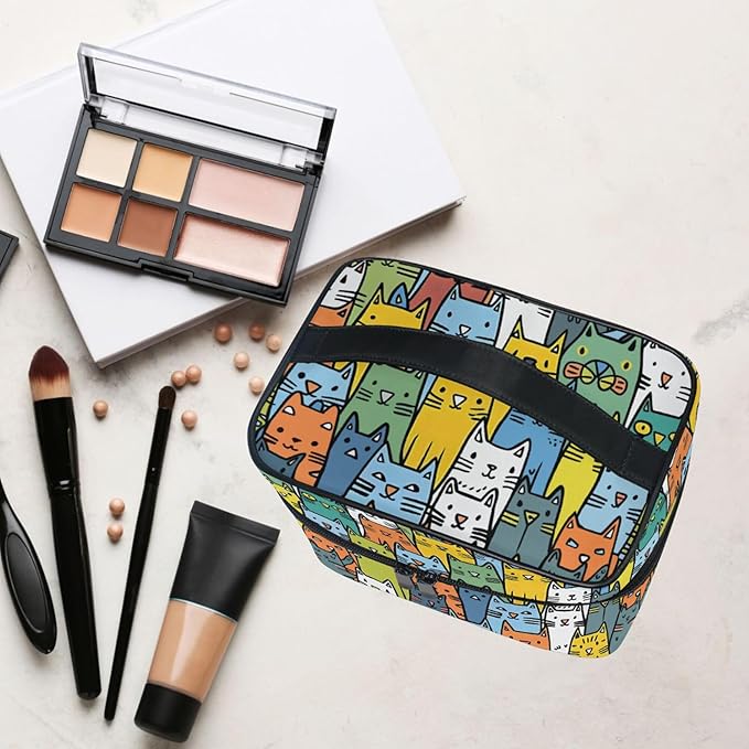 MNSRUU Makeup Bags, Cute Cat Makeup Organizer Bags Toiletry Bag Box Travel Cosmetic Bag Make Up Train Case for Women Teen Girl Ladies