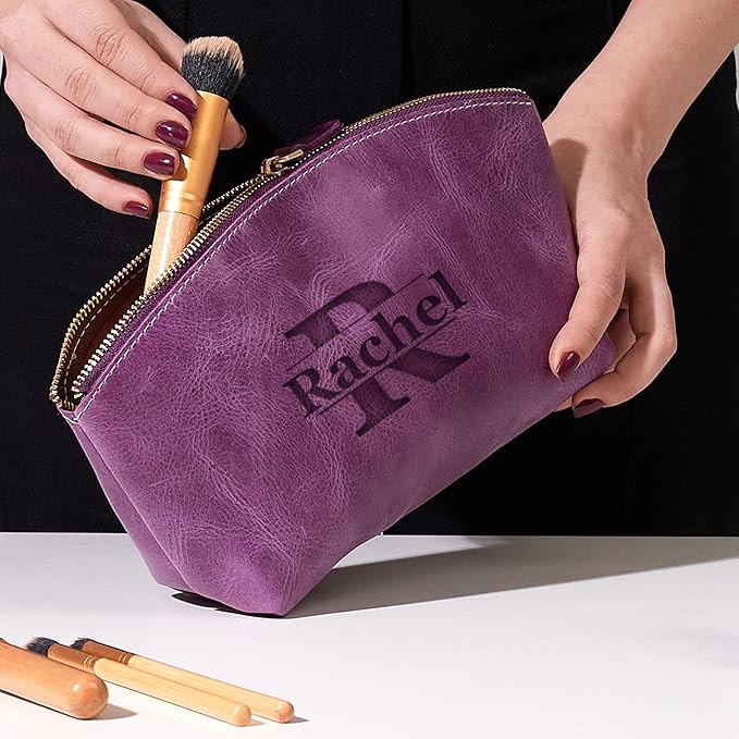 Luxury Personalized Leather Makeup Bags Crafted in USA, Full-Grain Leather Cosmetic Bag Engraved Name Initials or Logo, Birthday Anniversary Christmas or Mother Gift, Italian Zipper, Purse for Women