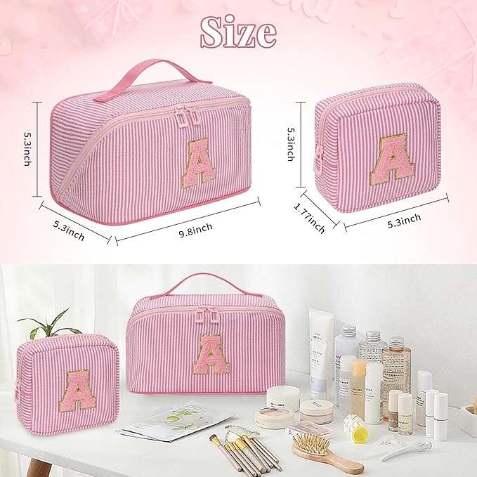 Travel Makeup Bag for Women, 2Pcs Portable Personalized Initial Makeup Organizer Bag, Open Flat Large Cosmetic Bag With Travel Essential Pouch (Pink Letter Z)