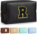 TOPEAST Cosmetic Travel Bags for Women, Preppy Small Makeup Bag, PU Leather Waterproof Toiletry Bag, Unique Friendship Gifts for Friends Coworker, Cute Stuff for Girls (Black R)