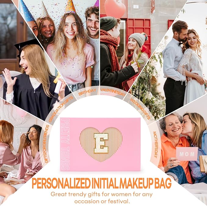 mibasies 2 PCS Initial Makeup Bags for Women: Cosmetic Bag for Travel Toiletry - Personalized Cute Makeup Pouch - Gifts for Grilfriend Wife Moms Bridesmaid - Retirement Travel Gifts - Orange E