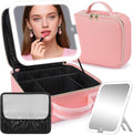 Makeup Bag with Mirror and Light, Travel Makeup Train Case with LED Lighted Removable Mirror, Portable Cosmetic Organizer Make up Bag with 3 Colors Dimming Light, Adjustable Dividers & Brush Board