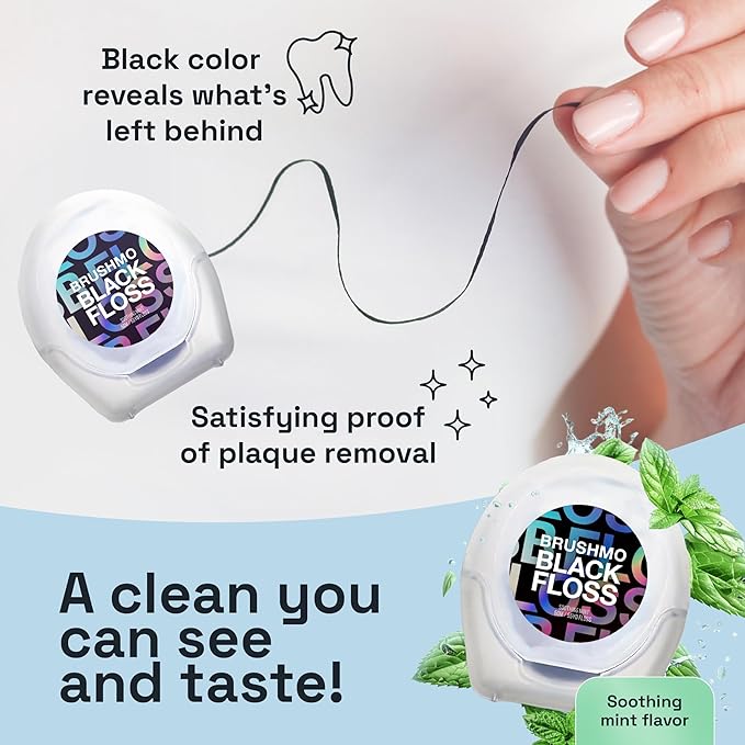 Brushmo Black Floss (BBFloss) - Expanding Floss, Gum-Friendly Soothing Mint Dental Floss, Natural Vegan Wax to Remove Plaque from Teeth, Dentist Designed PTFE & PFAS Free Oral Care, 2 Spools, 110 yd