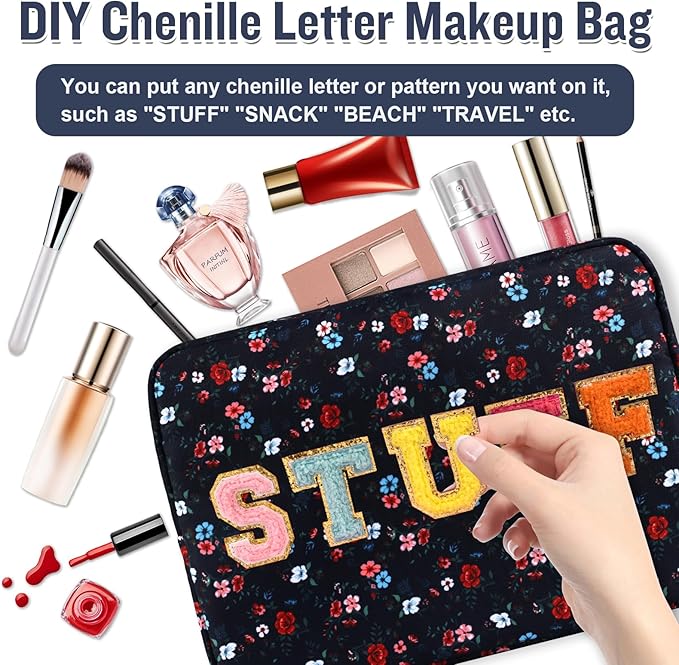Nylon Large Floral Makeup Organizer Bag, Preppy Big Cute Flower Cosmetic Zipper Pouch Multi-compartment with Dividers, Waterproof Toiletry Makeup Brushes Travel Essentials for Women(Navy Blue-Flower)