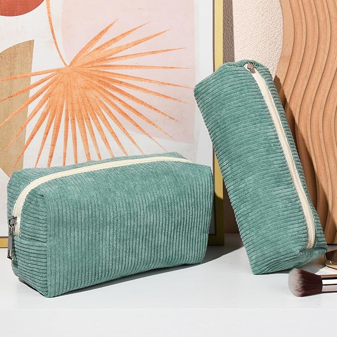 SOIDRAM Makeup Bag Corduroy Cosmetic Bag Cute Green Makeup Pouch 1Pcs Large Capacity Makeup Bags and 1Pcs Makeup Brushes Storage Bag Travel Toiletry Bag Organizer