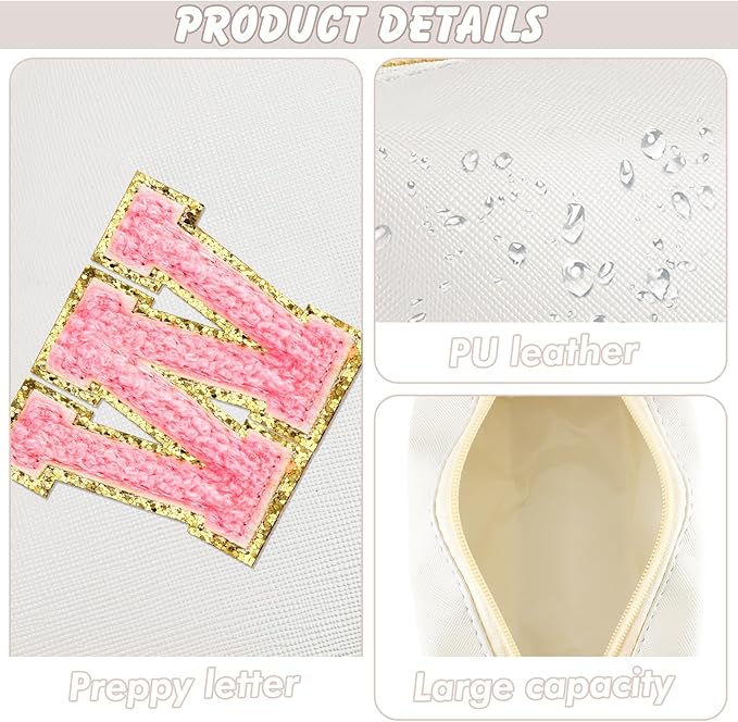 Initial Makeup Bag Personalized Preppy Travel Small Cosmetic Bag Cute PU White Chenille Letter Makeup Pouch for Purse Waterproof Zippered Toiletry Organizer for Women Girls Kids Friends (W)