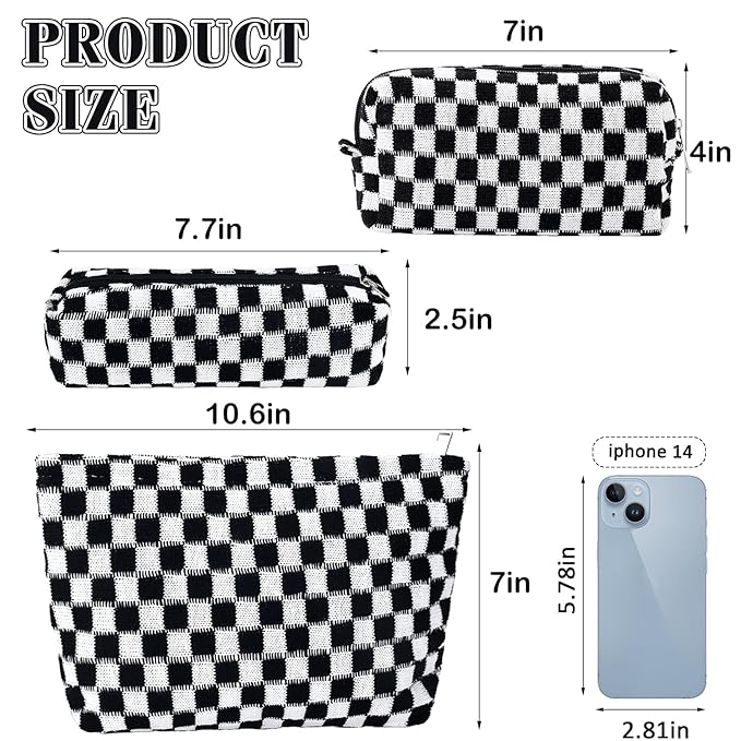 ZLFSRQ 3Pcs Checkered Makeup Bag for Women Large Small Checkered Cosmetic Bag Set Aesthetic Preppy Pencil Case Cute Pencil Pouch Black Makeup Pouch for Purse Travel Toiletry Bags Zipper Skincare Bags