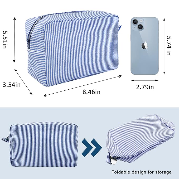 GFU Makeup Bag for Women, Cute Cosmetic Bag, Lightweight Toiletry Make up Bag, Large Seersucker Aesthetic Organizer Storage Pouch for Girls, Women and Moms Gifts, Blue