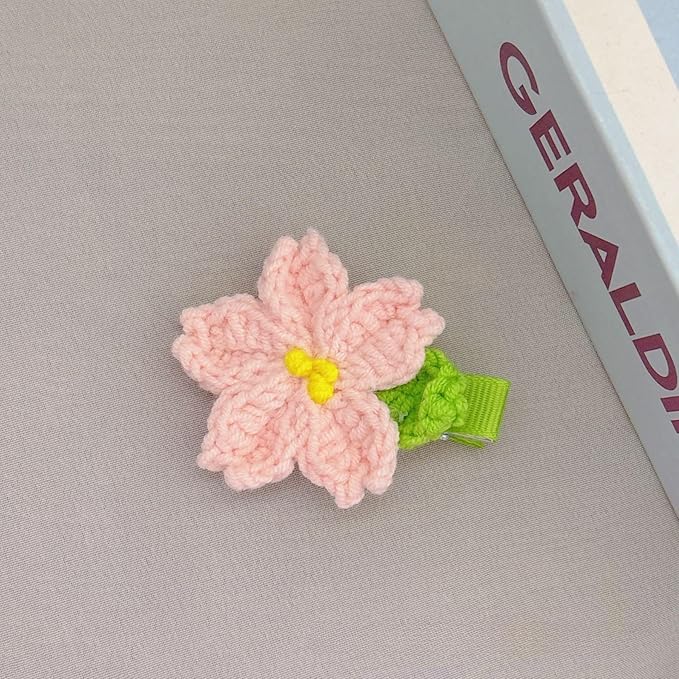 2PCS Crochet Knitting Hair Clip for Girls/Daughter, Gift for Her Birthday, Finished Handmade Wool Knitted Pink Sakura