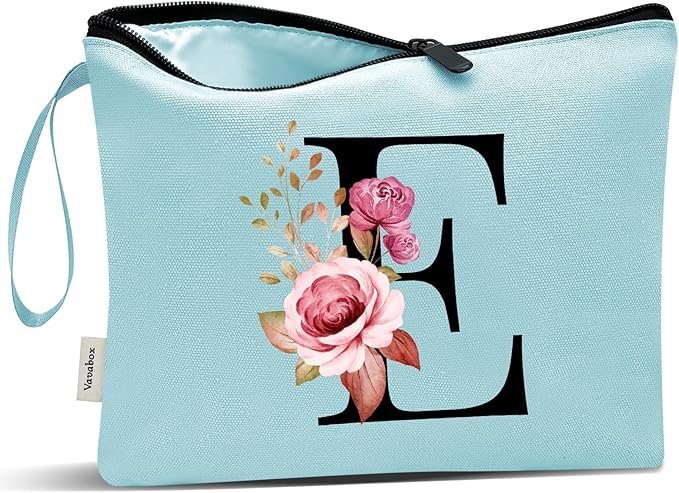 Vavabox A-Z Personalized Makeup Bag, Birthday Gifts for Women Mom, Gifts for Best Friend, Bride Bridesmaid Cosmetic bag (E, Green)