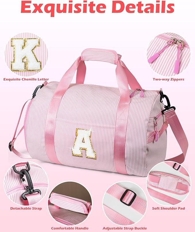 Gift for 6 7 8 9 10 Years Old Girl, Girls Travel Duffle Bag, Kids Initial Overnight Bags with Shoe Compartment, Personalized Weekender Bag with Makeup Pouch, Birthday Gifts (Letter A)