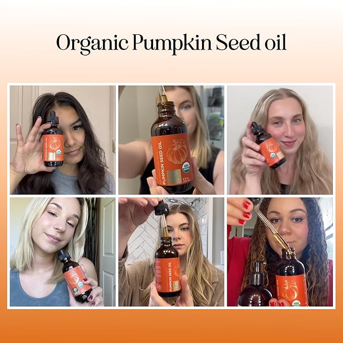 Pumpkin Seed Oil Organic Certified - 100% Pure Organic Pumpkin Seed Oil for Hair and Anti Aging Face Oil - USDA Organic Hair Oil for Dry Hair and Volume - Virgin Cold Pressed & Unrefined (4oz)