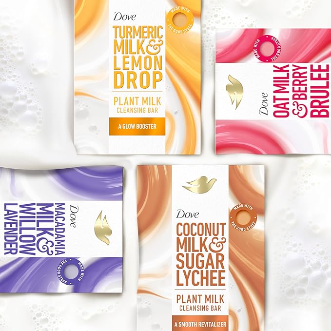 Dove Plant Milk Cleansing Bar Soap Variety Pack 4 for Moisturized Skin, with Gentle Cleansers, No Sulfate Cleansers or Parabens, 98% Biodegradable Formula, 5 oz