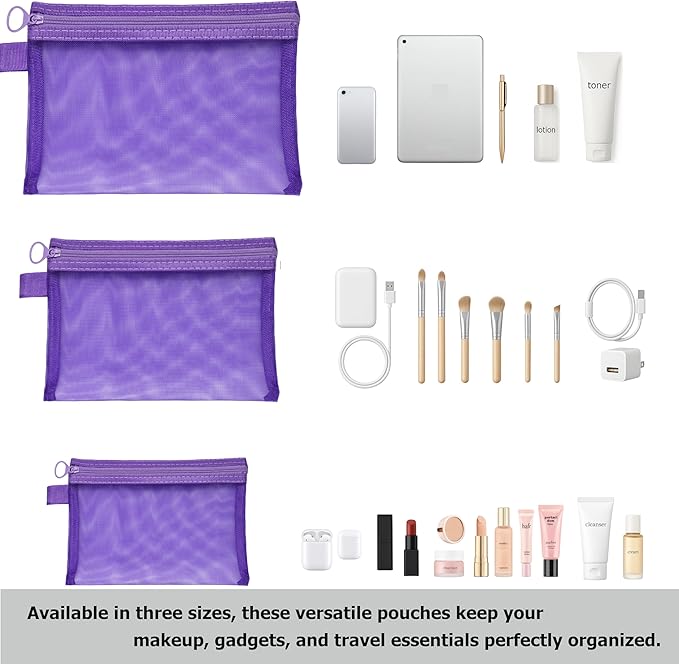 Quotidian Flat Clear Mesh Zipper Pouch Purple Makeup Brush Bag Travel Organizer 3-Size Pack of 9 - Toiletry Kit Cruise Travel Purse Storage