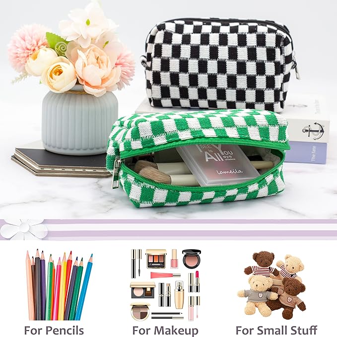 PAZIMIIK Checkered Makeup Bag for Purse Portable Zipper Make Up Pouch Small Cosmetic Case for Travel Accessories (2PCS Black Green)