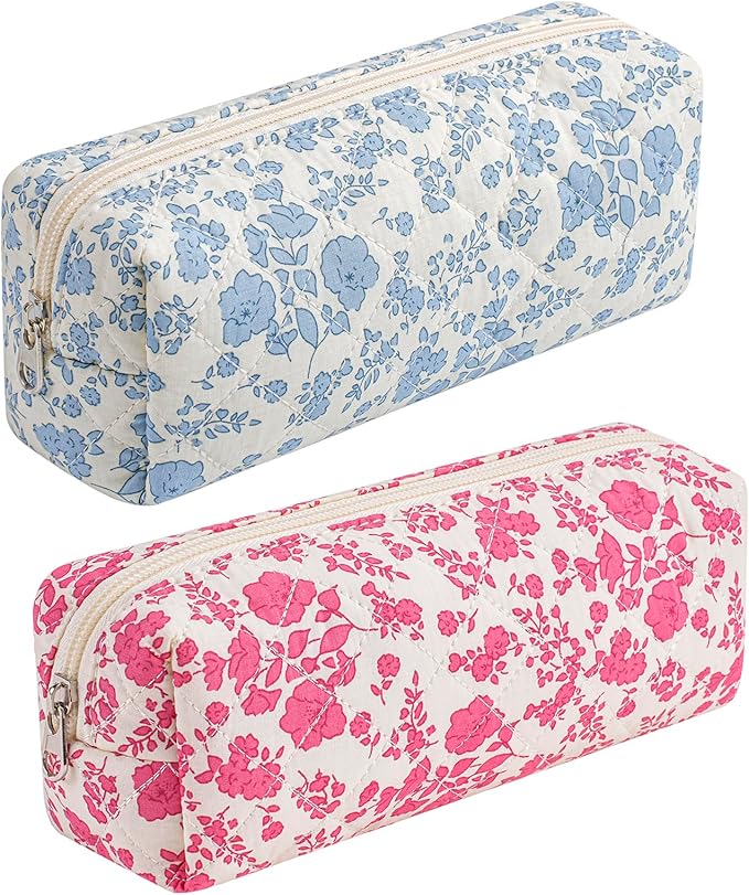 Cute Floral Cotton Makeup Brush Cosmetic Bag for Women, Travel Quilted Zipper Make Up Bag, Flowers Toiletry Organizer Case Kawaii Makeup Cosmetic Travel Cloth Pouch (Blue+Big Red Floral)