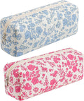 Cute Floral Cotton Makeup Brush Cosmetic Bag for Women, Travel Quilted Zipper Make Up Bag, Flowers Toiletry Organizer Case Kawaii Makeup Cosmetic Travel Cloth Pouch (Blue+Big Red Floral)