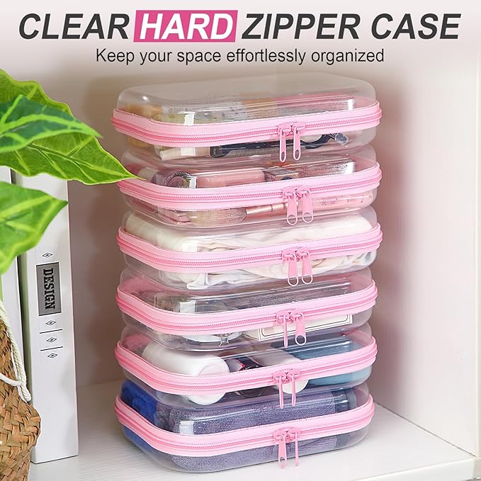 Sanwuta 6 Pcs Clear Hard Zipper Case Hard Plastic Zipper Pouches Makeup Bag Pencil Pouches Transparent Cases for Snacks Plastic Storage Organizer Box for Travel(Pink,7.87 x 5.9 x 2 Inch)